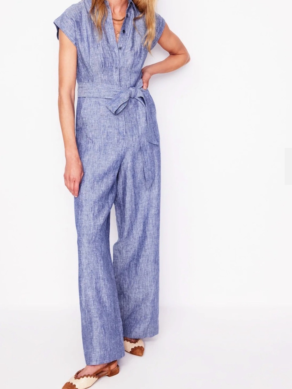 Boden linen Blue Tie-Waist Wide-Leg Jumpsuit